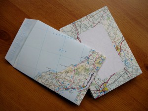 A set of envelopes made from old OS maps.