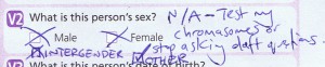 Census text reads "What is this person's sex? Male [tick box] Female [tick box]." Mattie has added two new tick boxes labelled Intergender and Other, and ticked them. She's also written "N/A - test my chromosomes or stop asking daft questions."